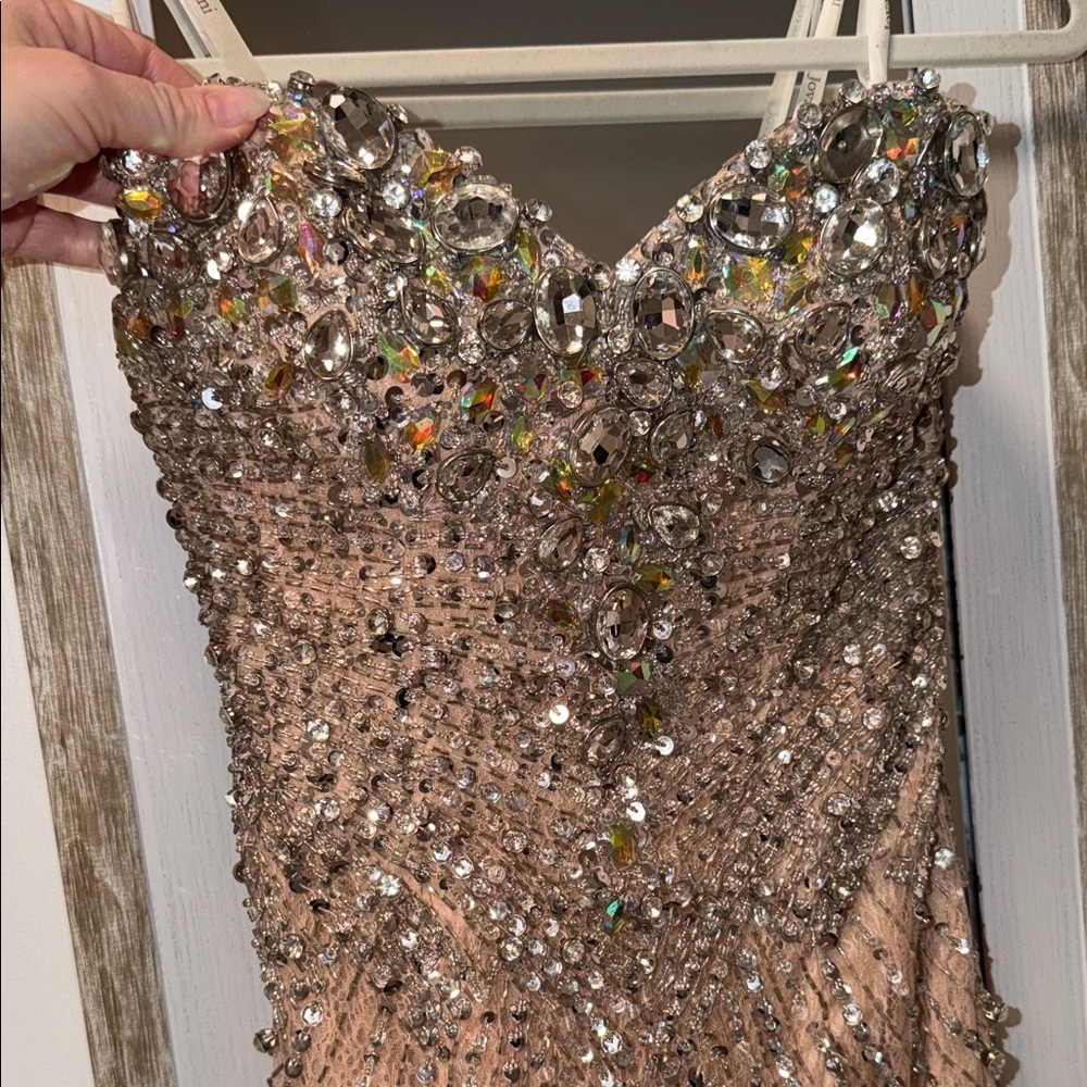 Jovani Champagne Crystal Embellished Prom Dress